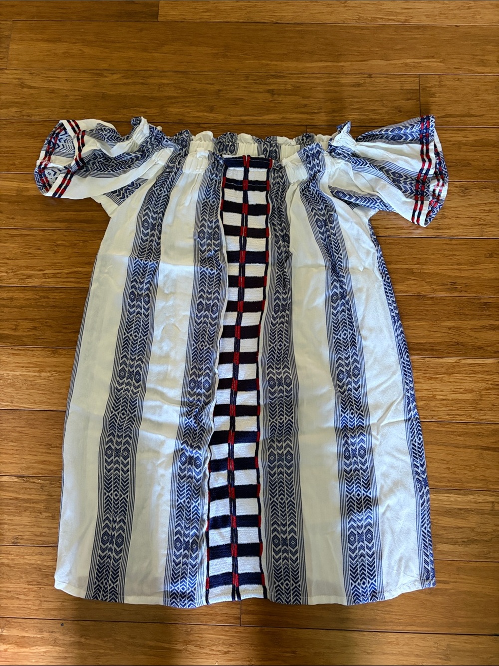 Off-Shoulder Navy & White Striped Casual Dress with Red Accents